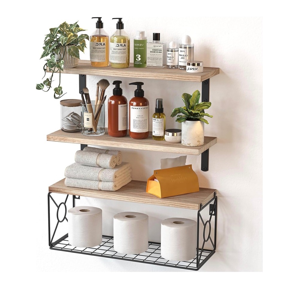 Rustic Wood Floating Shelves Set 3 Tier Wall Mount Storage with Wire Basket